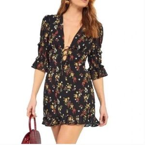 Reformation Black Floral Mini Dress with Red and Yellow Accents